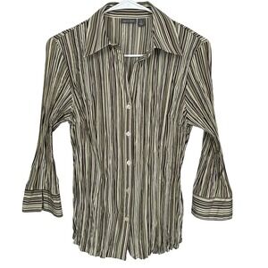 Apt 9 Stretch Striped Crinkle Button Up Blouse Split Cuffs Women's Size Medium